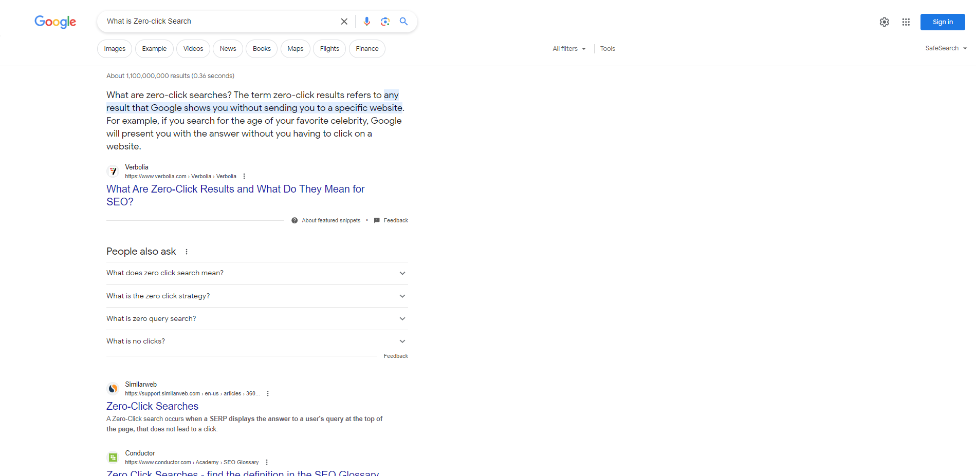 Screenshot of Google's Zero Click postition